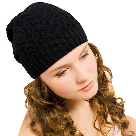 Cable Knit Long Slouchy Beanie Black
