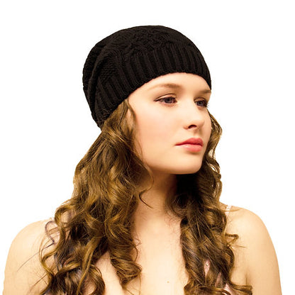 Cable Knit Long Slouchy Beanie Black