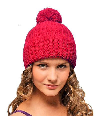 Chunky Bobble Hat Red -  Ladies Woolly Beanie with Pom Pom for Women