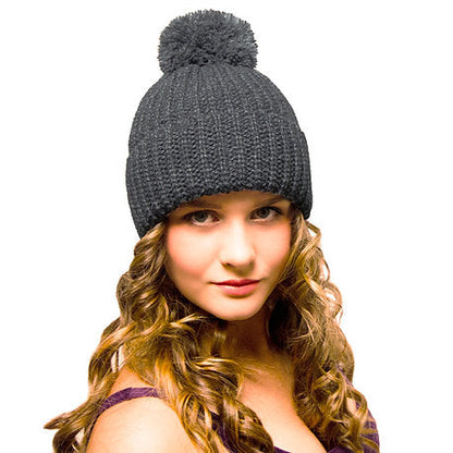 Bobble Hat Grey - Woolly Hat for Women - Chunky Beanie with Pom Pom