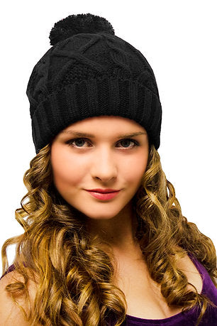 Bobble Hat Black Cable Knit - Ladies Woolly Hat - Winter Beanie for Women