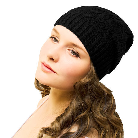 Cable Knit Long Slouchy Beanie Black