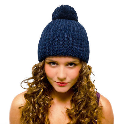 Chunky Bobble Hat Navy - Woolly Beanie with Pom pom for Women Men