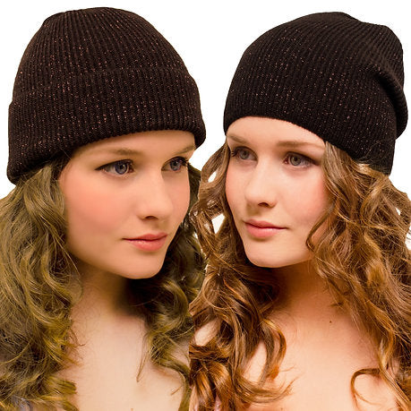 2-in-1 Long Slouchy Beanie Sparkly Chocolate Brown with soft gold metallic shine