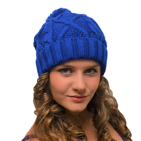 Bobble Hat Blue Cable Knit - Ladies Woolly Hat - Winter Beanie for Women