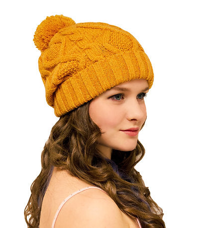Bobble Hat Mustard Cable Knit - Ladies Woolly Hat - Winter Beanie for Women