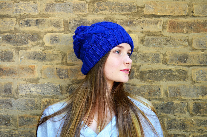 Bobble Hat Blue Cable Knit - Ladies Woolly Hat - Winter Beanie for Women