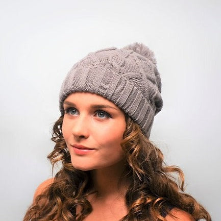 Bobble Hat Taupe Cable Knit - Ladies Woolly Hat - Winter Beanie for Women