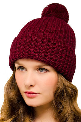 Chunky Bobble Hat Burgundy - Woolly Beanie with Pom pom for Women Men