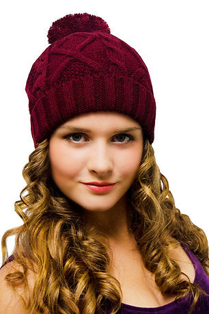 Bobble Hat Burgundy Cable Knit - Ladies Woolly Hat - Winter Beanie for Women