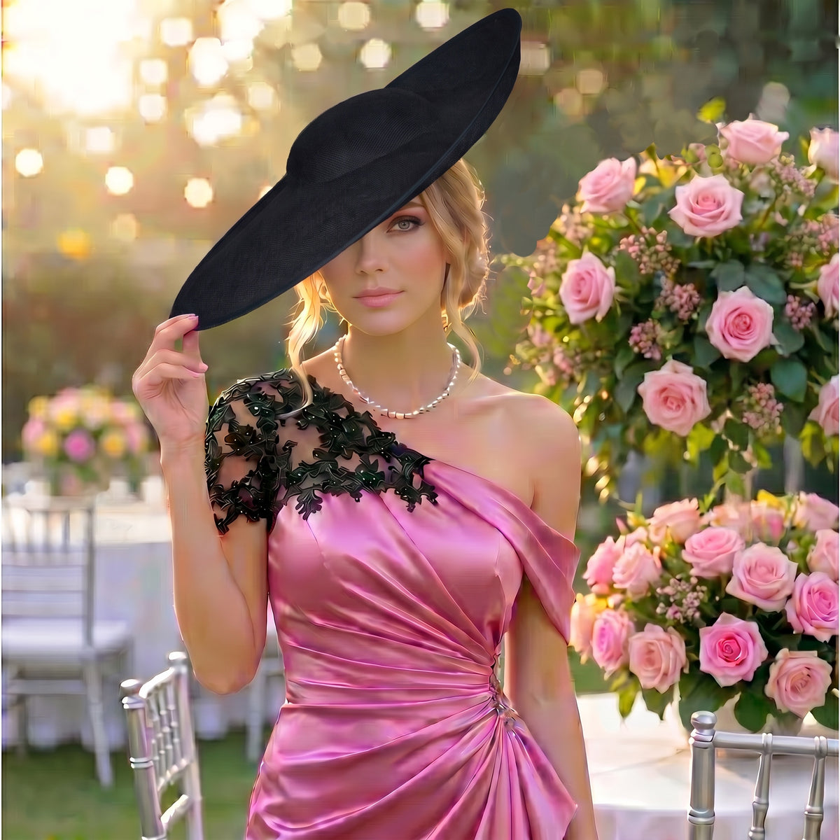 Women's extra large wide brim black fascinator hat, suitable as Preakness Stakes hat, Belmont Stakes hat, Breeders' Cup hat.