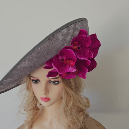 Extra Large Ascot Hat Grey Pink Magenta - Big Wedding Hats - Derby Hats - Occasion Hats for Ladies