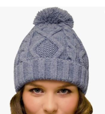 Bobble Hat Denim Cable Knit - Ladies Woolly Hat - Winter Beanie for Women