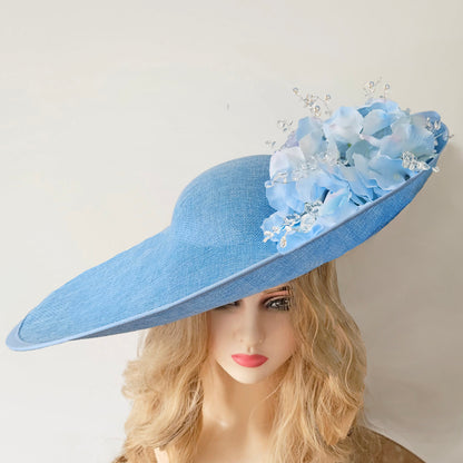cornflower blue hat with flowers / hatinator for weddings, wedding guest hats, mother of the bride hats